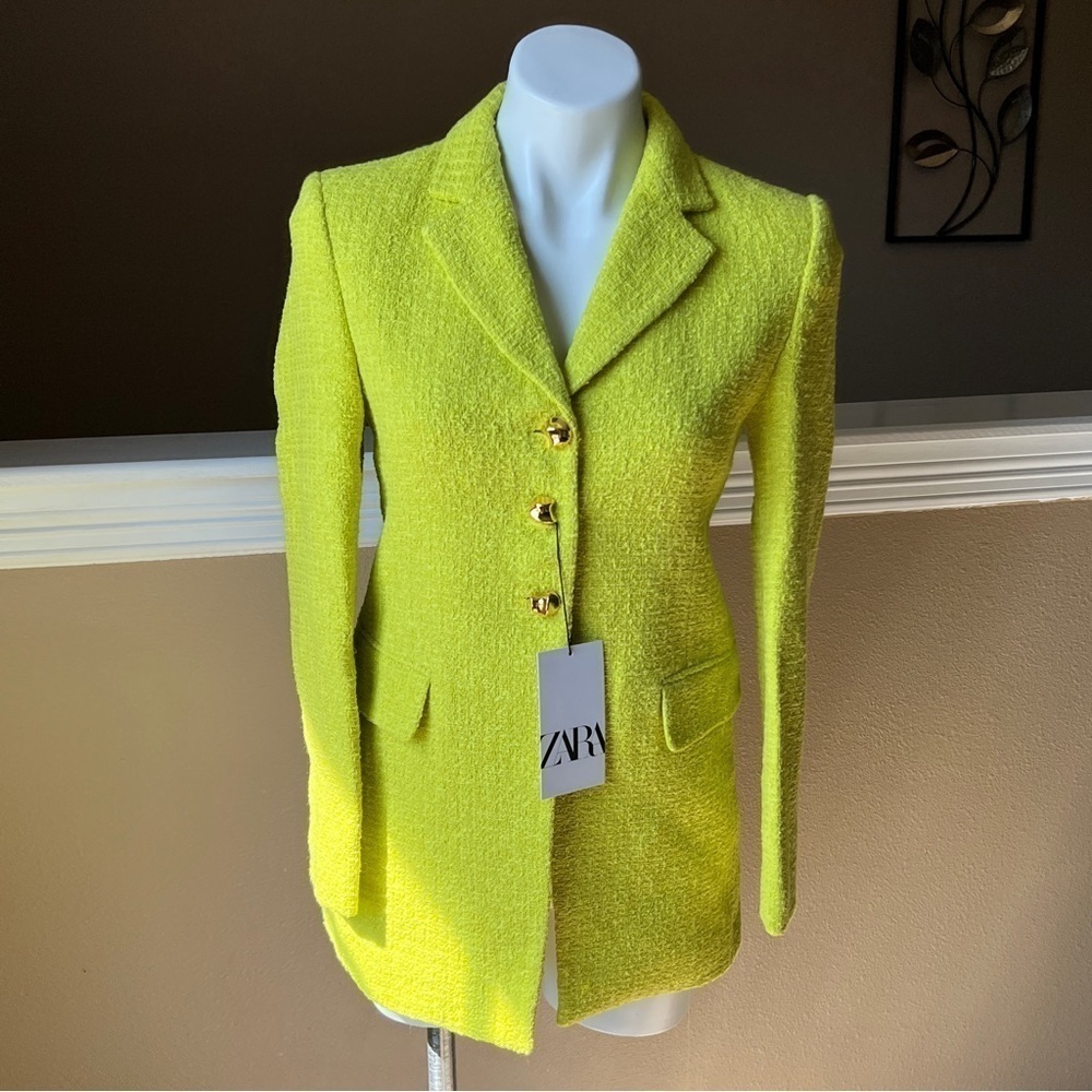 ZARA Women NEW TEXTURED WEAVE BLAZER LONG JACKET LIME GREEN S | 2813/469